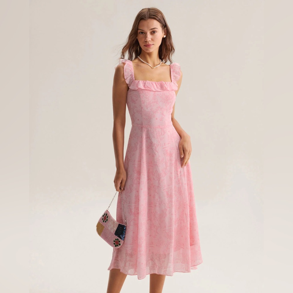 RIHOAS Pink Ruffle-Shoulder Floral Midi Dress